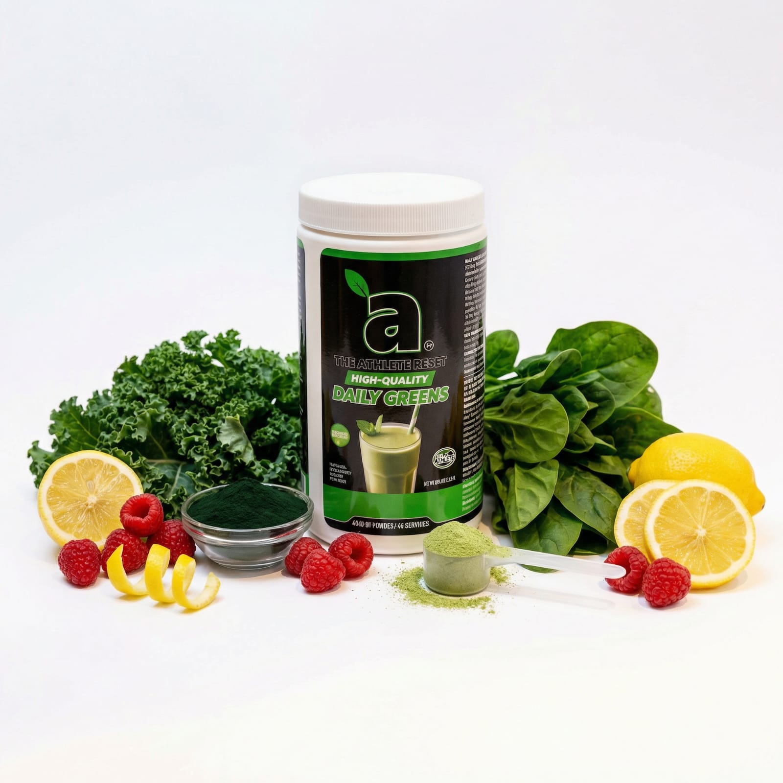 Green superfood powder with wooden scoop