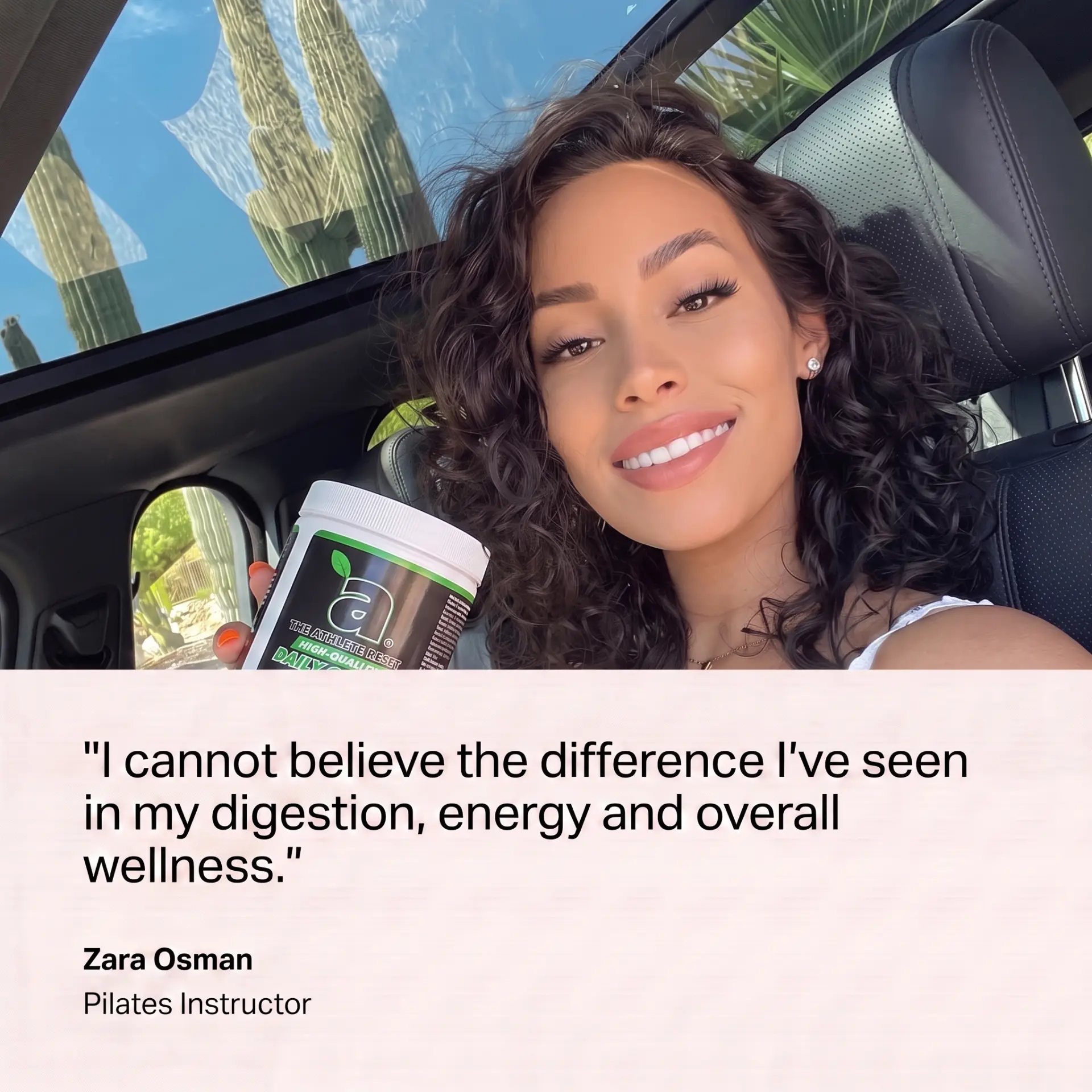 Zara Osman, Pilates Instructor, holding Athlete Reset Greens