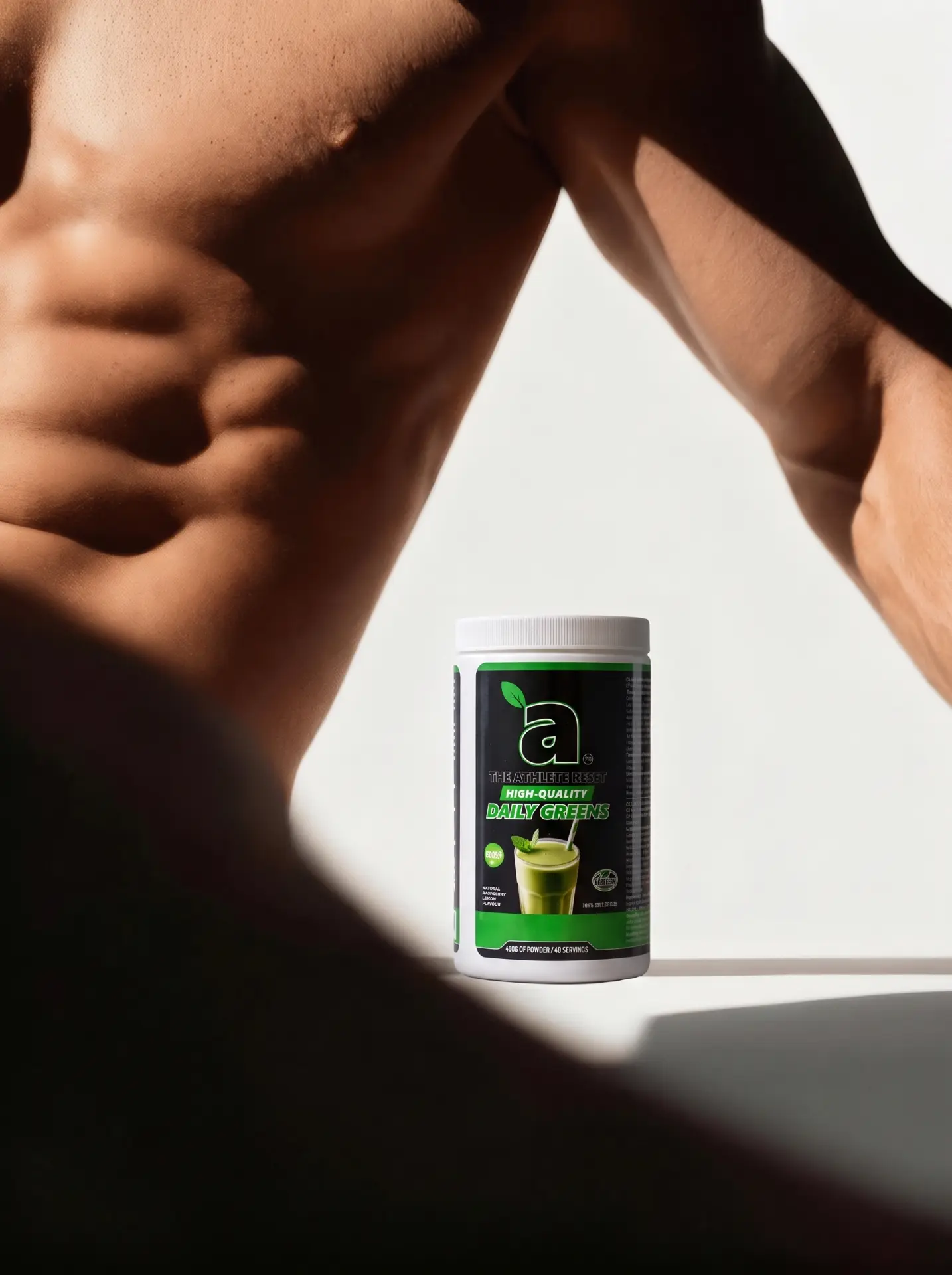Athlete holding a tub of Athlete Reset Greens
