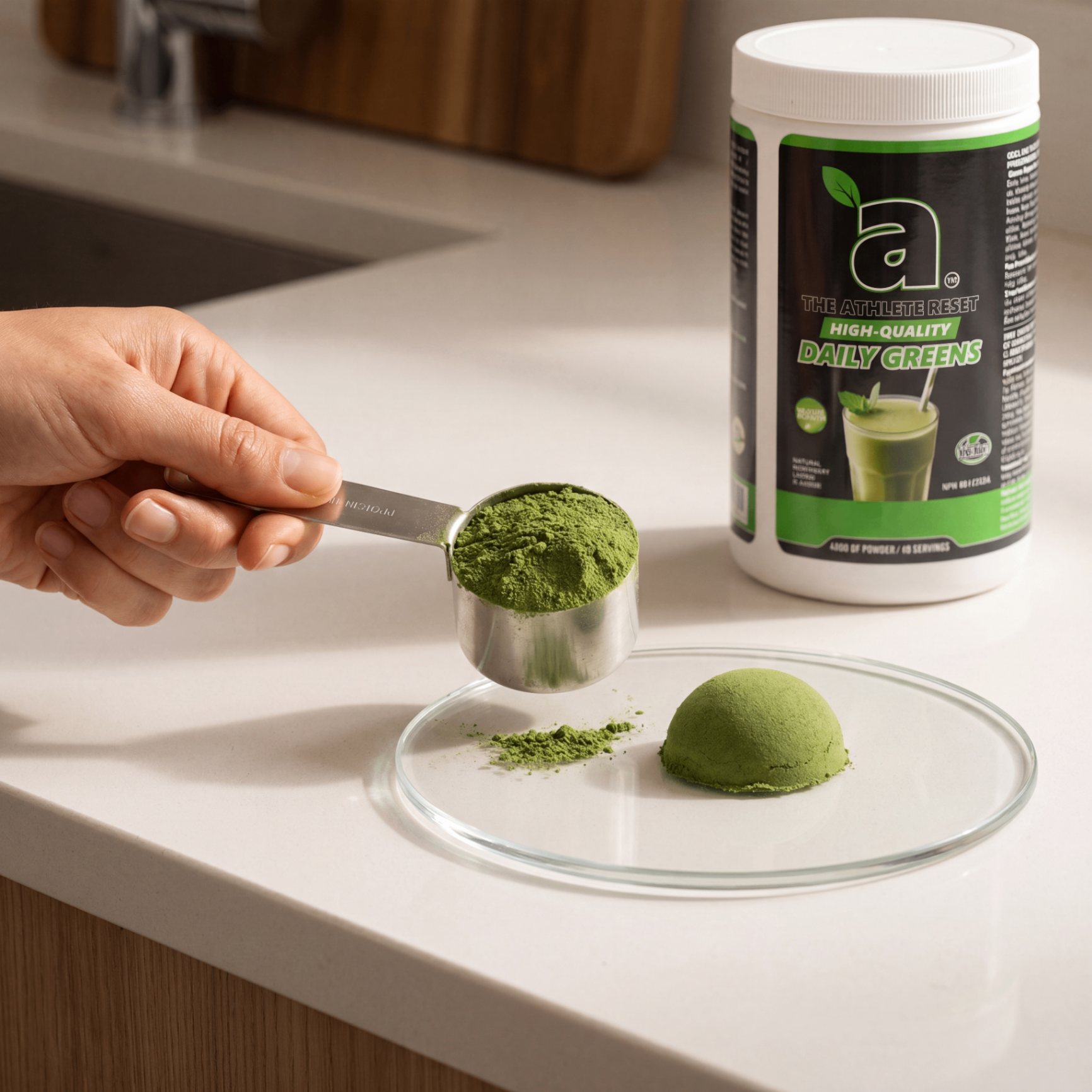 Scoop of Athlete Reset Greens powder beside the tub