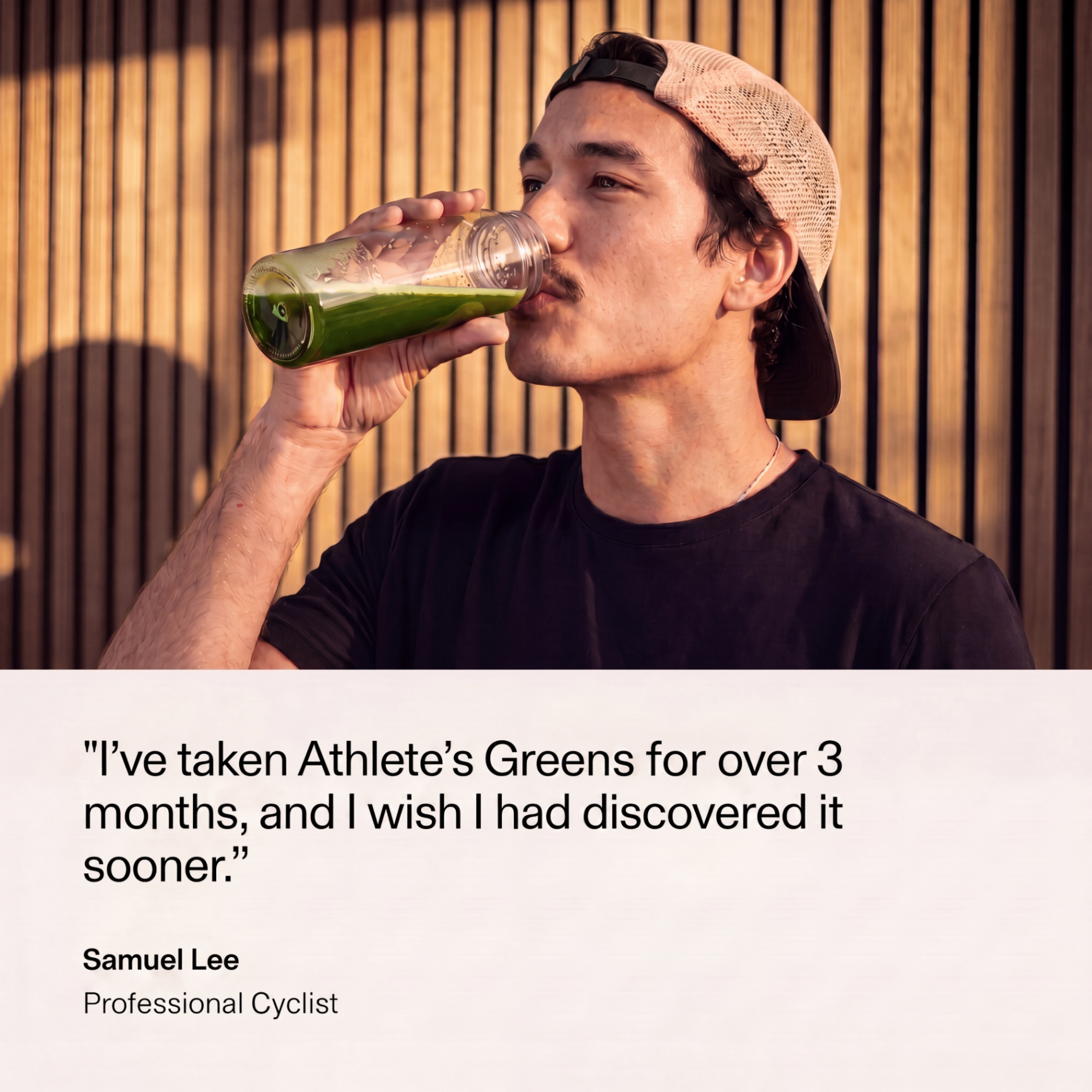 Samuel Lee, professional cyclist, drinking Athlete Reset Greens